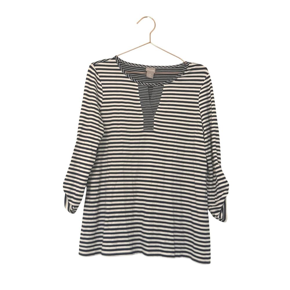 Chico's Navy and White Striped Notch-Neck Top